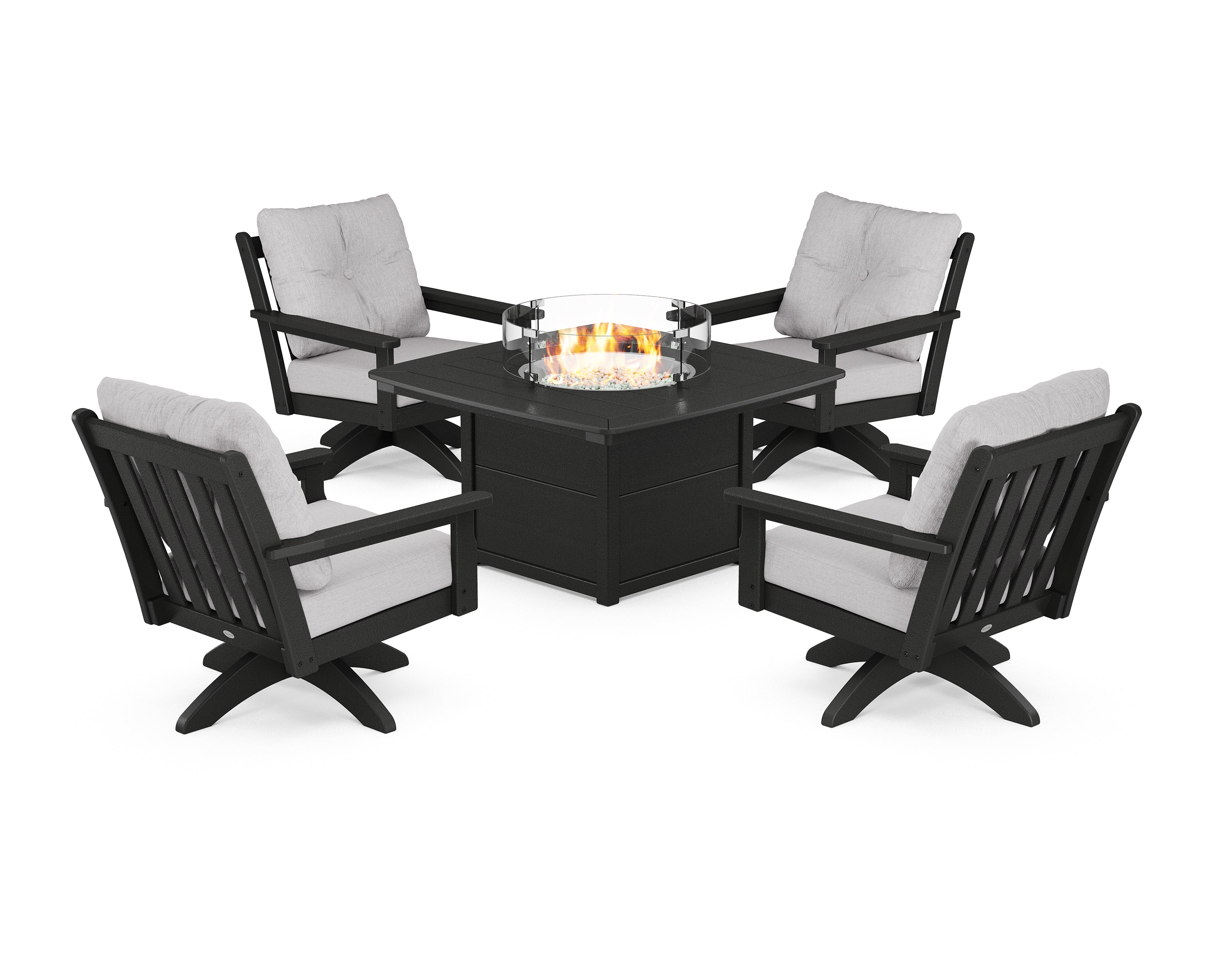 POLYWOOD® Vineyard 5-Piece Deep Seating Swivel Conversation Set with Fire Pit Table in Black / Granite