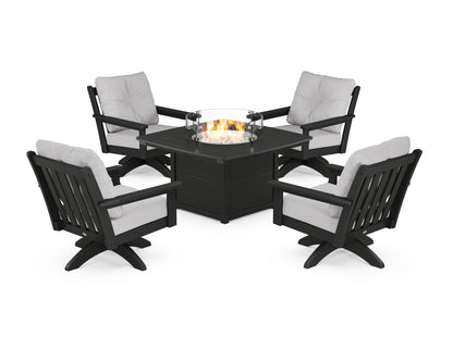 POLYWOOD® Vineyard 5-Piece Deep Seating Swivel Conversation Set with Fire Pit Table in Black / Granite