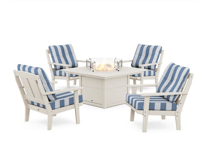 POLYWOOD® Mission 5-Piece Deep Seating Set with Fire Pit Table in Sand / Cabana Stripe Sky Blue
