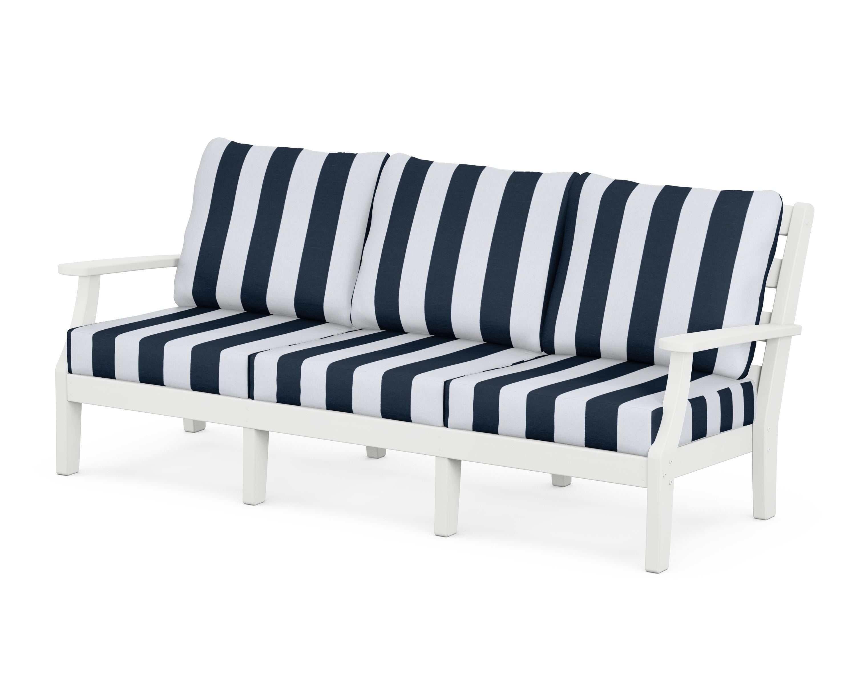 POLYWOOD® Chesapeake Deep Seating Sofa in White / Cabana Stripe Marine Indigo