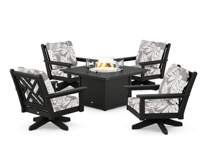 POLYWOOD® Chippendale 5-Piece Deep Seating Swivel Conversation Set with Fire Pit Table in Black / Leaf Grey Mist