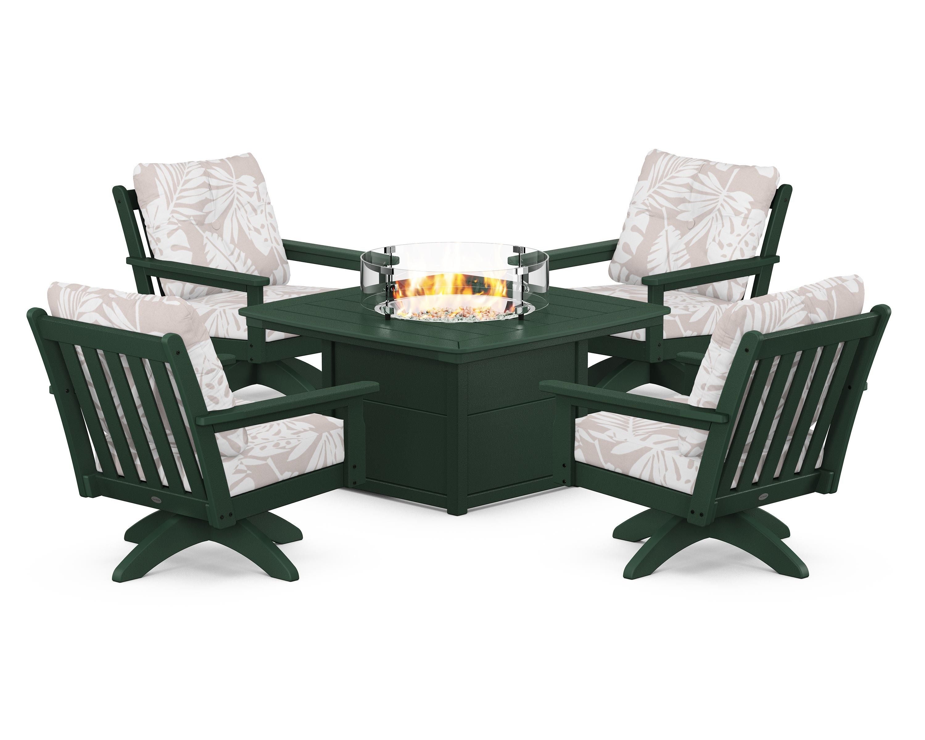 POLYWOOD® Vineyard 5-Piece Deep Seating Swivel Conversation Set with Fire Pit Table in Green / Leaf Dune Burlap