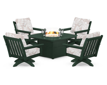 POLYWOOD® Vineyard 5-Piece Deep Seating Swivel Conversation Set with Fire Pit Table in Green / Leaf Dune Burlap