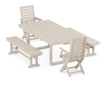 POLYWOOD® Captain Folding Chair 5-Piece Dining Set with Benches in Sand