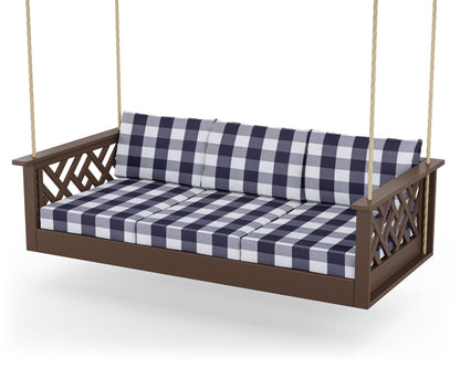 POLYWOOD® Chippendale Daybed Swing in Mahogany / Buffalo Plaid Navy