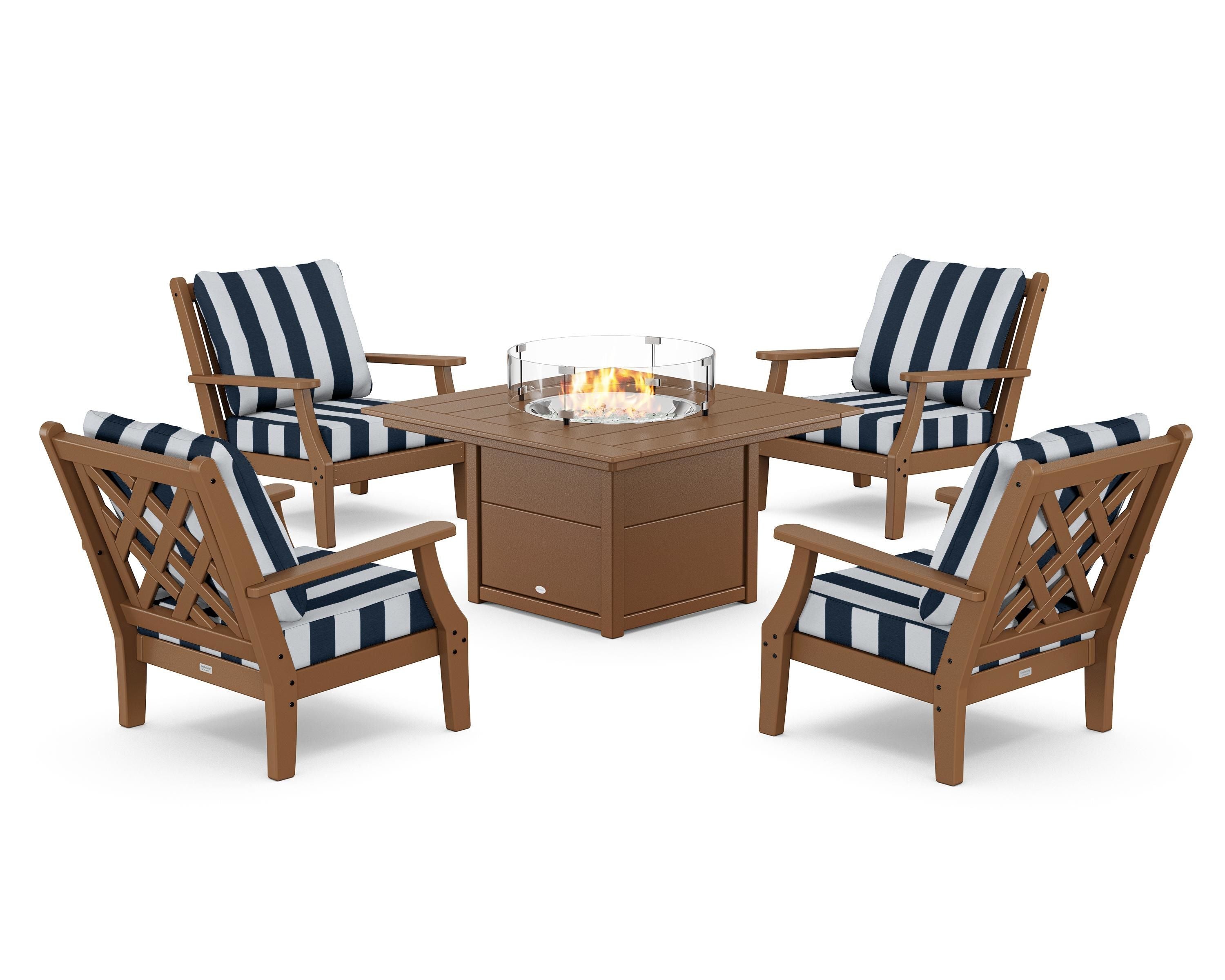 Country Living Wovendale 5-Piece Deep Seating Set with Fire Pit Table in Teak / Cabana Stripe Marine Indigo