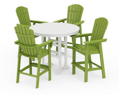 POLYWOOD® Nautical Curveback Adirondack 5-Piece Round Trestle Bar Set in Lime / White
