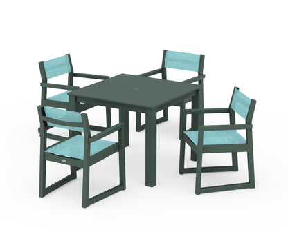 POLYWOOD® EDGE Sling Arm Chair 5-Piece Parsons Dining Set in Green / Dupioni Aquamarine Sling