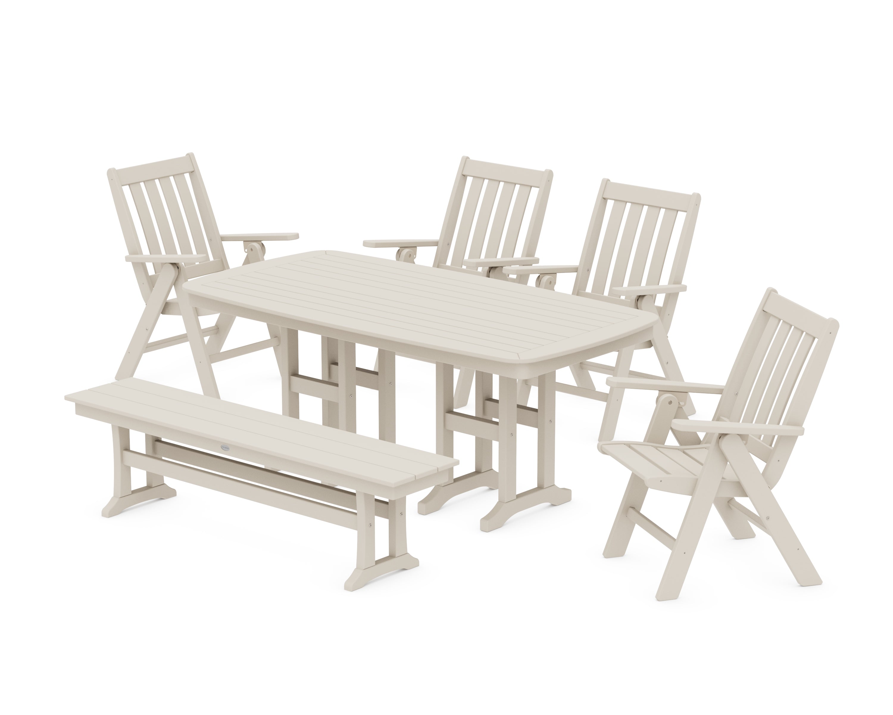 POLYWOOD® Vineyard Folding Chair 6-Piece Dining Set with Bench in Sand