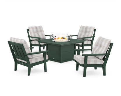 POLYWOOD® Oxford 5-Piece Deep Seating Set with Fire Pit Table in Green / Buffalo Plaid Dune Burlap