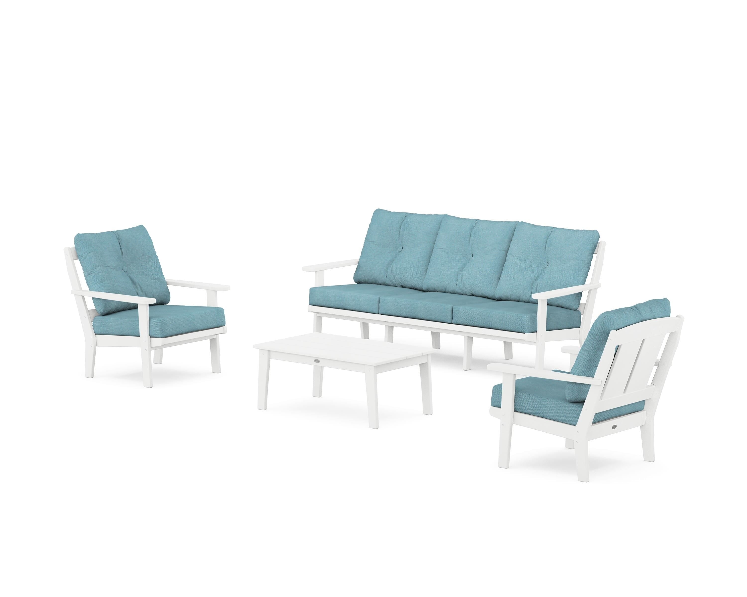 POLYWOOD® Mission 4-Piece Deep Seating Set with Sofa in White / Lattice Sky Blue