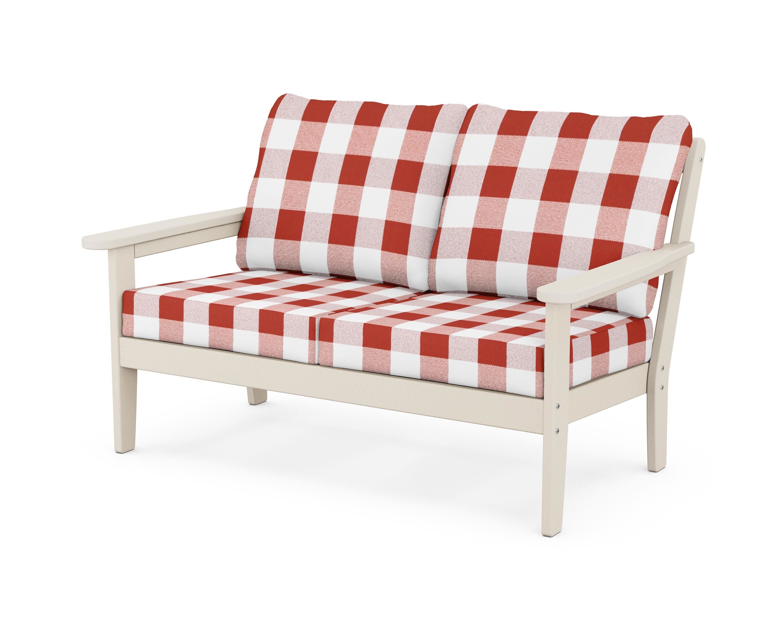 Country Living Cottage Deep Seating Loveseat in Sand / Buffalo Plaid Crimson