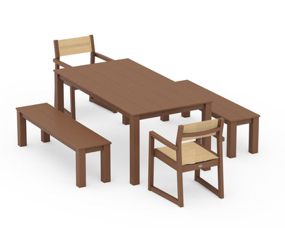 POLYWOOD® EDGE Sling Arm Chair 5-Piece Parsons Dining Set with Benches in Teak / Dupioni Apricot Sling