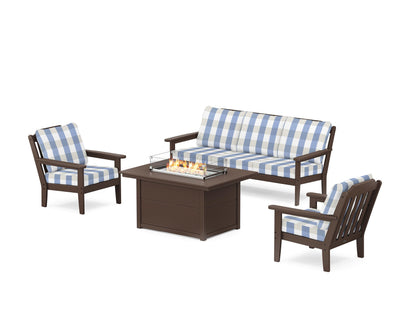 Country Living Cottage Deep Seating Fire Pit Table Set in Mahogany / Buffalo Plaid Sky Blue