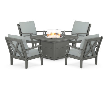 POLYWOOD® Braxton 5-Piece Deep Seating Conversation Set with Fire Pit Table in Slate Grey / Spa
