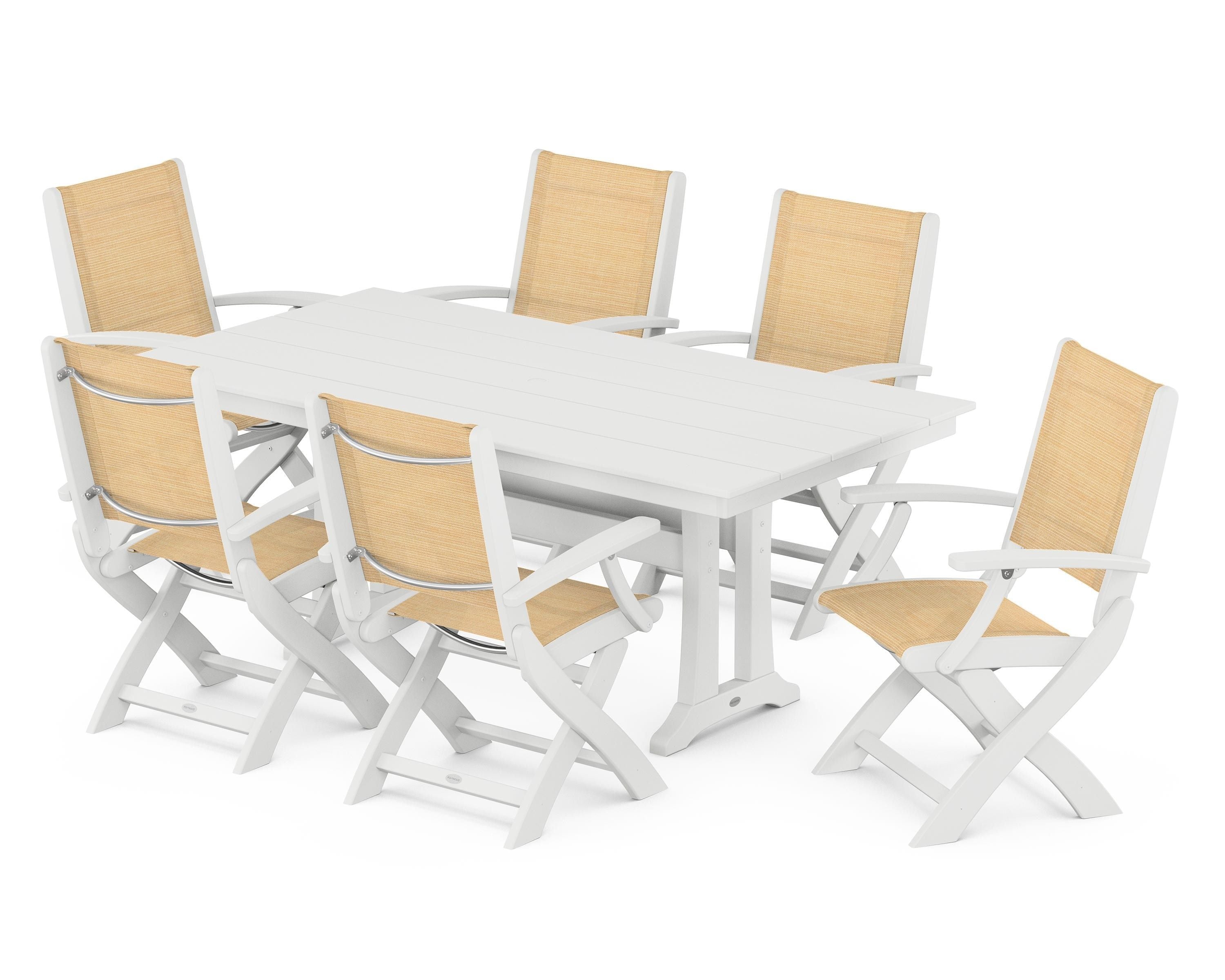 POLYWOOD® Coastal Folding Arm Chair 7-Piece Farmhouse Dining Set with Trestle Legs in White / Dupioni Apricot Sling