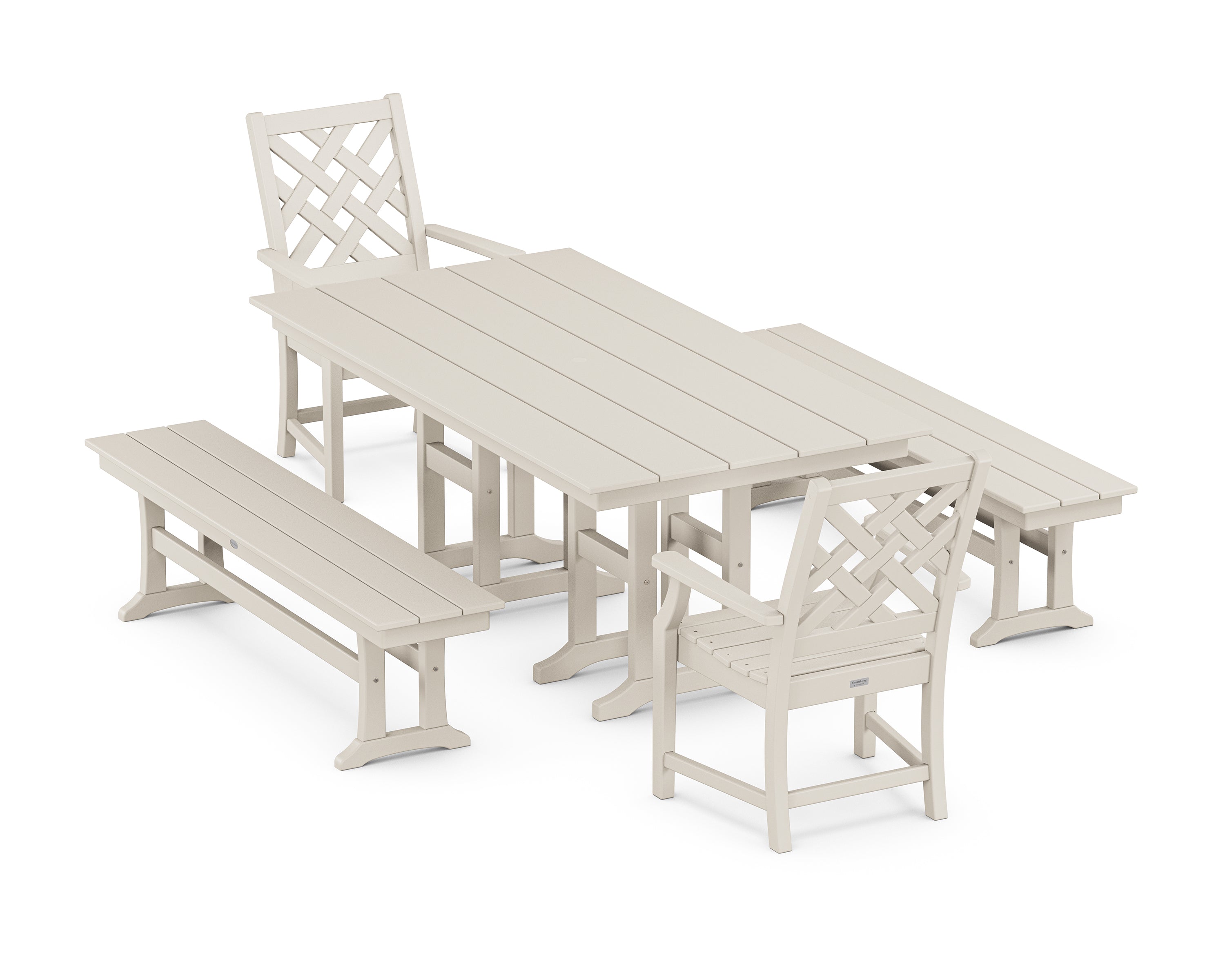 Country Living Wovendale 5-Piece Farmhouse Dining Set with Benches in Sand