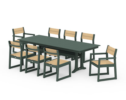POLYWOOD® EDGE Sling 9-Piece Farmhouse Trestle Dining Set in Green / Dupioni Apricot Sling