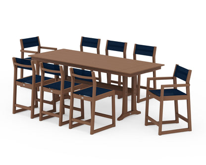 POLYWOOD® EDGE Sling 9-Piece Farmhouse Counter Set with Trestle Legs in Teak / Navy Blue Sling