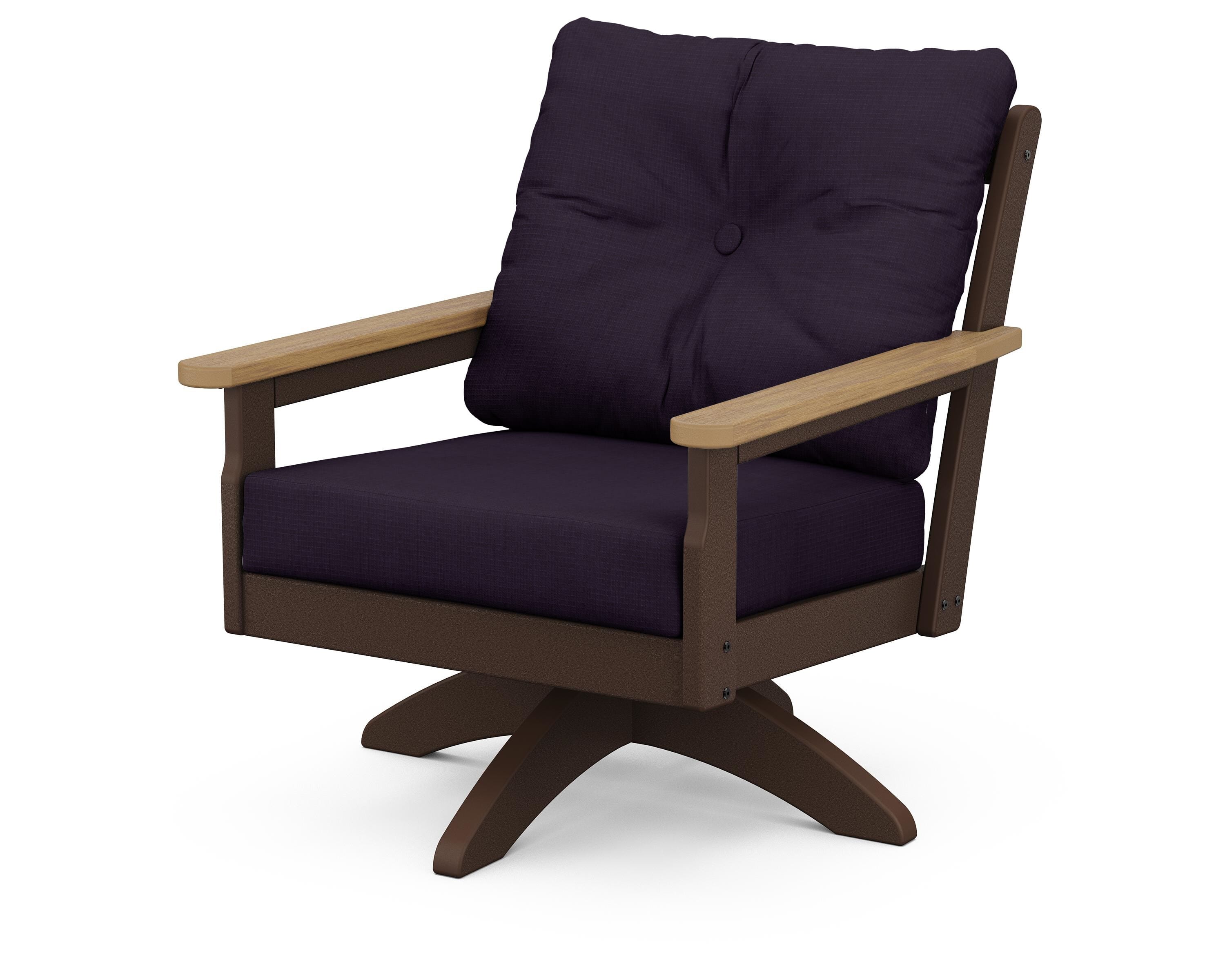 POLYWOOD® Vineyard Deep Seating Swivel Chair in Mahogany / Natural / Navy Linen