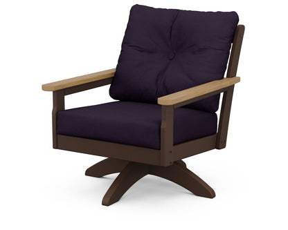 POLYWOOD® Vineyard Deep Seating Swivel Chair in Mahogany / Natural / Navy Linen