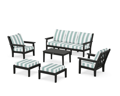 POLYWOOD® Chippendale 6-Piece Lounge Sofa Set in Black / Cabana Stripe Glacier Spa