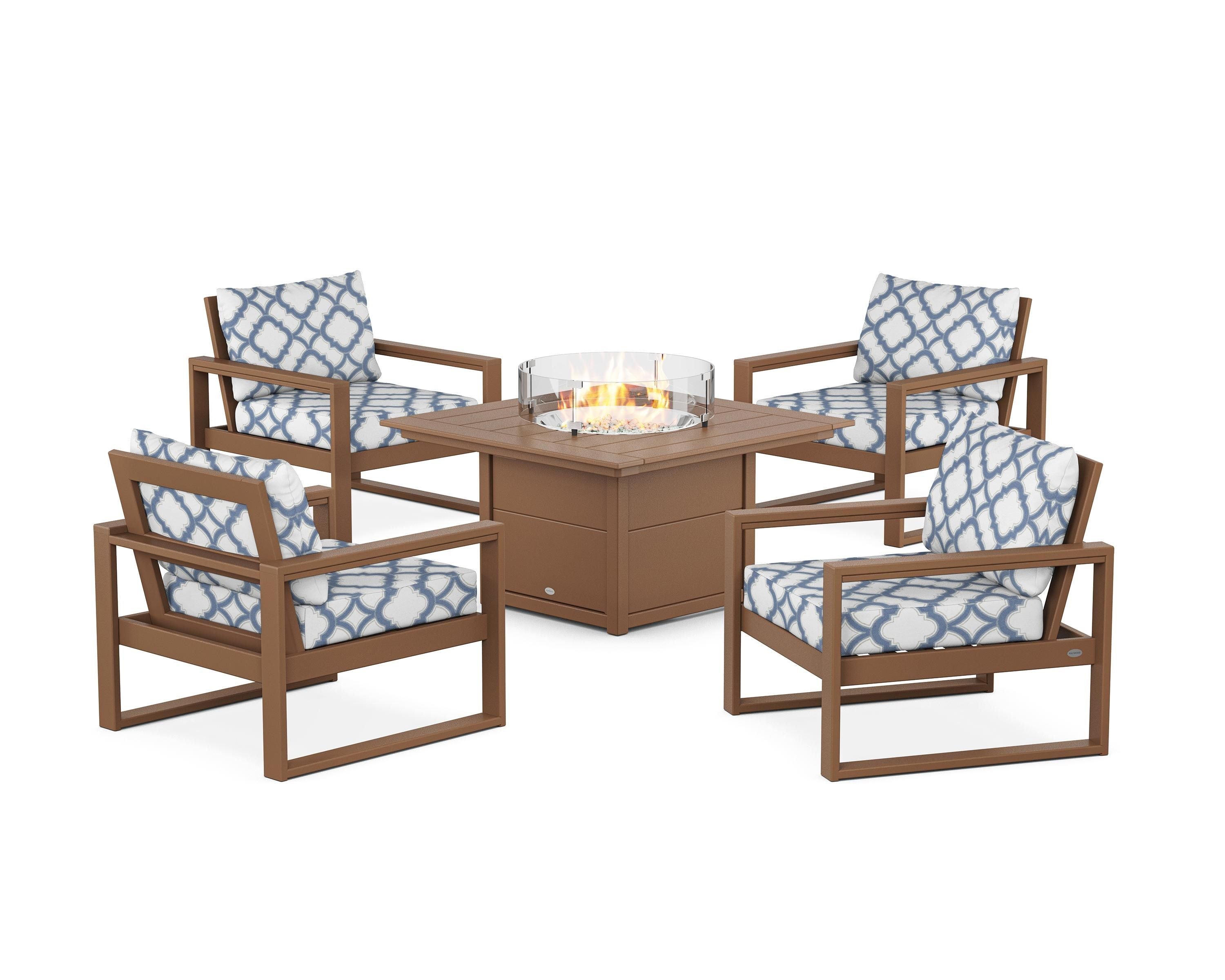 POLYWOOD® EDGE Sectional 5-Piece Deep Seating Set with Fire Pit Table in Teak / Trellis Sky Blue