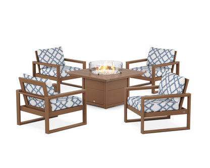 POLYWOOD® EDGE Sectional 5-Piece Deep Seating Set with Fire Pit Table in Teak / Trellis Sky Blue