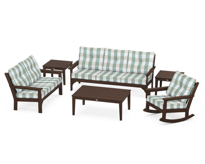 POLYWOOD® Vineyard 6-Piece Deep Seating Set in Mahogany / Buffalo Plaid Glacier Spa
