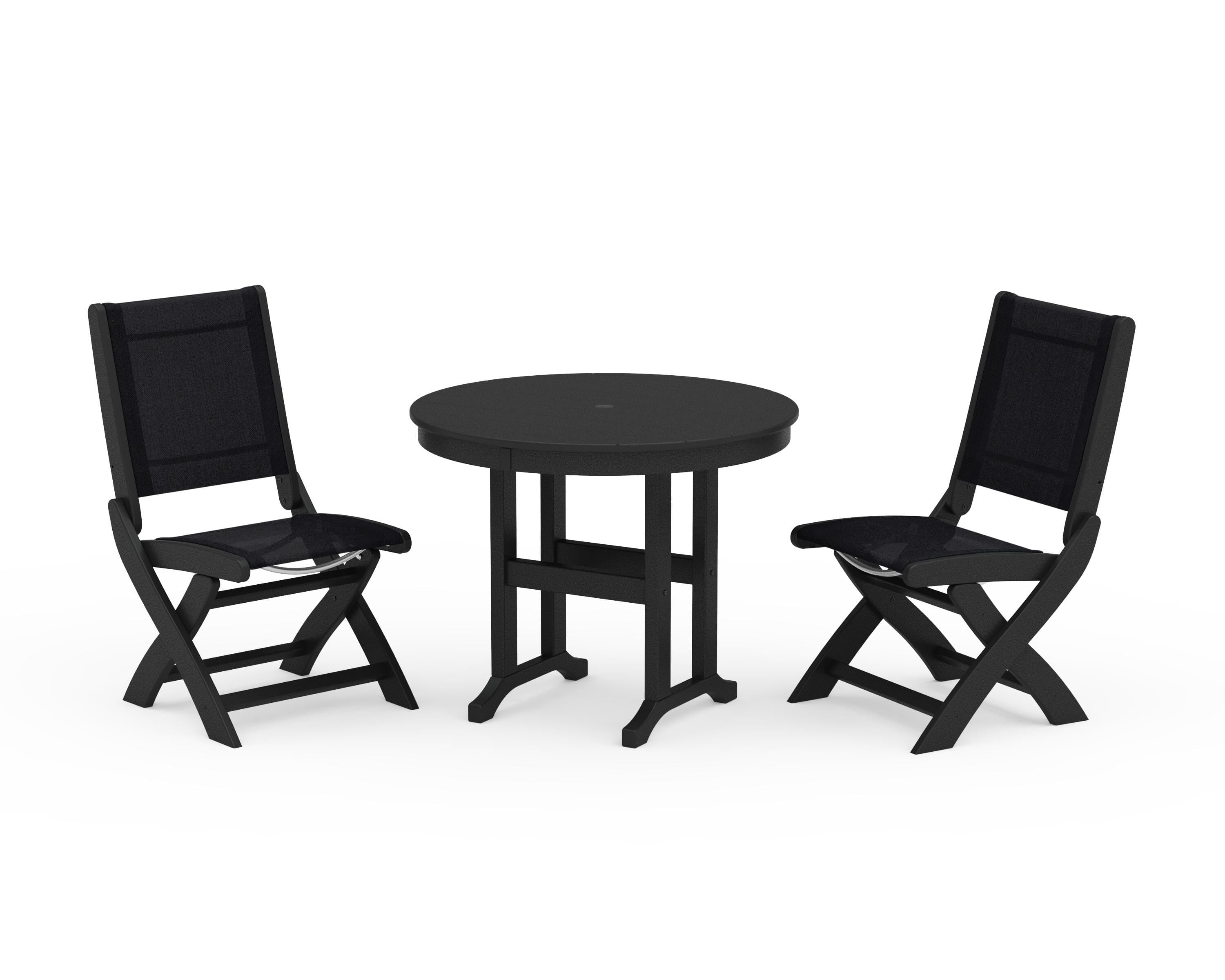 POLYWOOD® Coastal Folding Side Chair 3-Piece Round Dining Set in Black / Black Sling