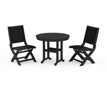 POLYWOOD® Coastal Folding Side Chair 3-Piece Round Dining Set in Black / Black Sling