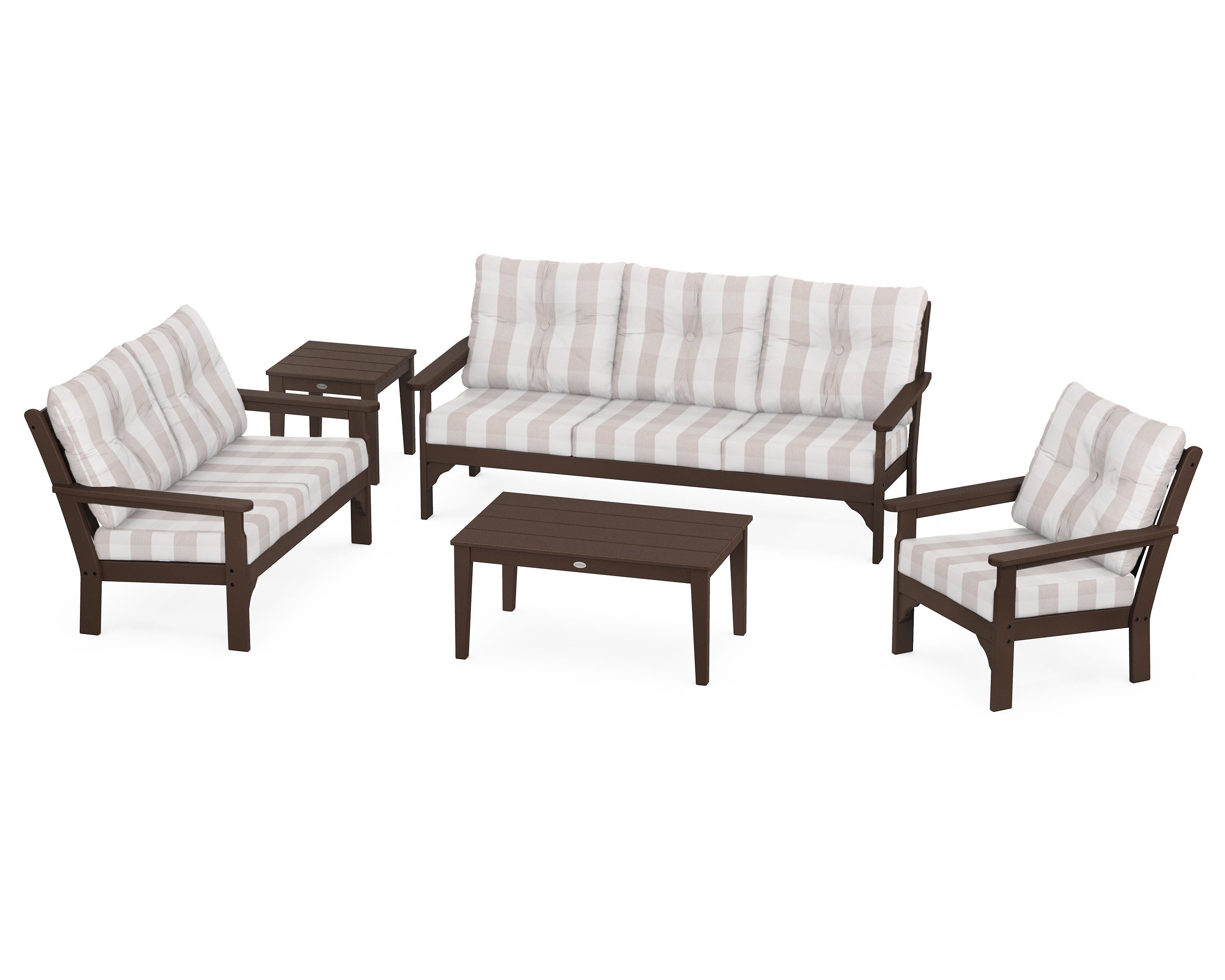 POLYWOOD® Vineyard 5 Piece Deep Seating Set in Mahogany / Buffalo Plaid Dune Burlap
