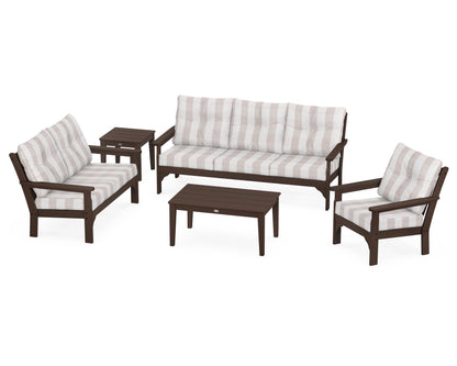 POLYWOOD® Vineyard 5 Piece Deep Seating Set in Mahogany / Buffalo Plaid Dune Burlap