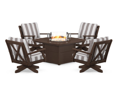 POLYWOOD® Braxton 5-Piece Deep Seating Swivel Conversation Set with Fire Pit Table in Mahogany / Cabana Stripe Grey Mist