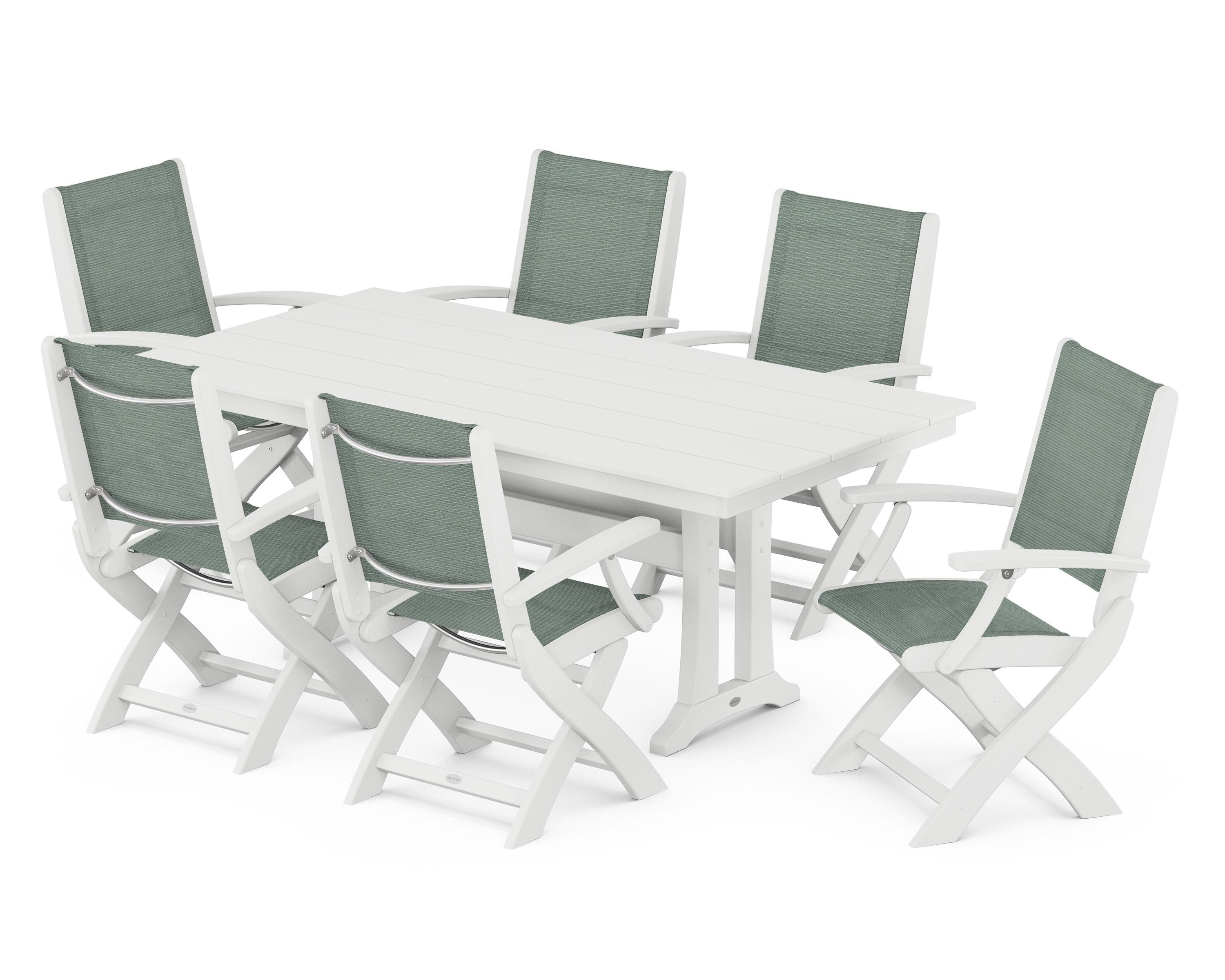 POLYWOOD® Coastal Folding Arm Chair 7-Piece Farmhouse Dining Set with Trestle Legs in White / Dupioni Sea Mist Sling