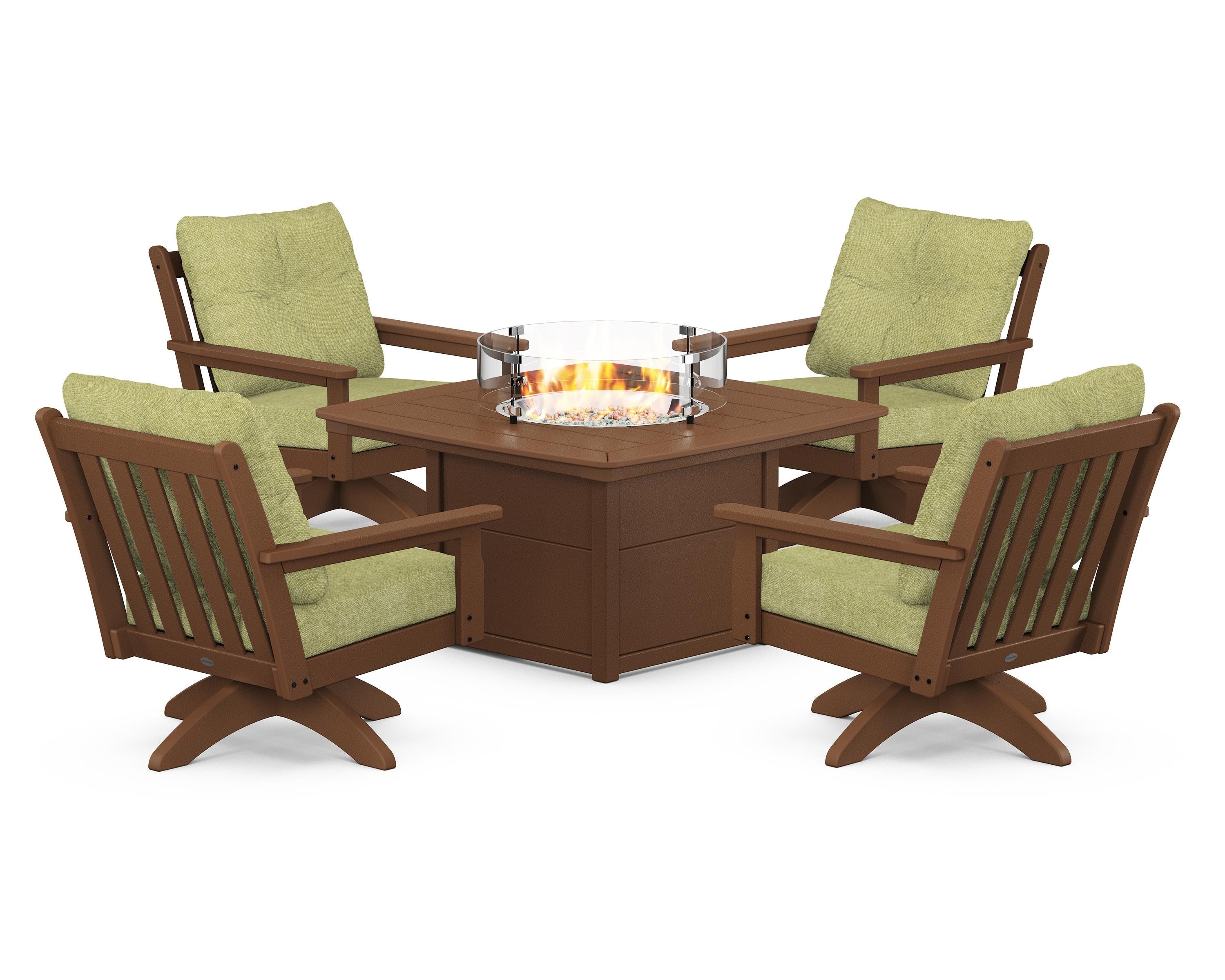 POLYWOOD® Vineyard 5-Piece Deep Seating Swivel Conversation Set with Fire Pit Table in Teak / Chartreuse Boucle