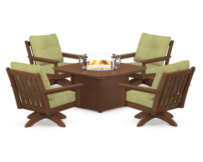 POLYWOOD® Vineyard 5-Piece Deep Seating Swivel Conversation Set with Fire Pit Table in Teak / Chartreuse Boucle
