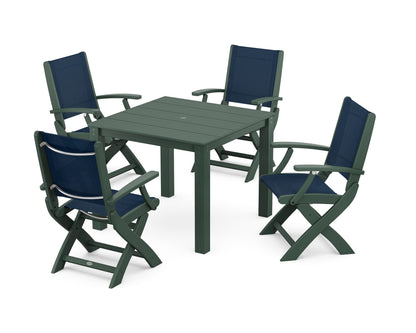 POLYWOOD® Coastal Folding Chair 5-Piece Parsons Dining Set in Green / Navy Blue Sling