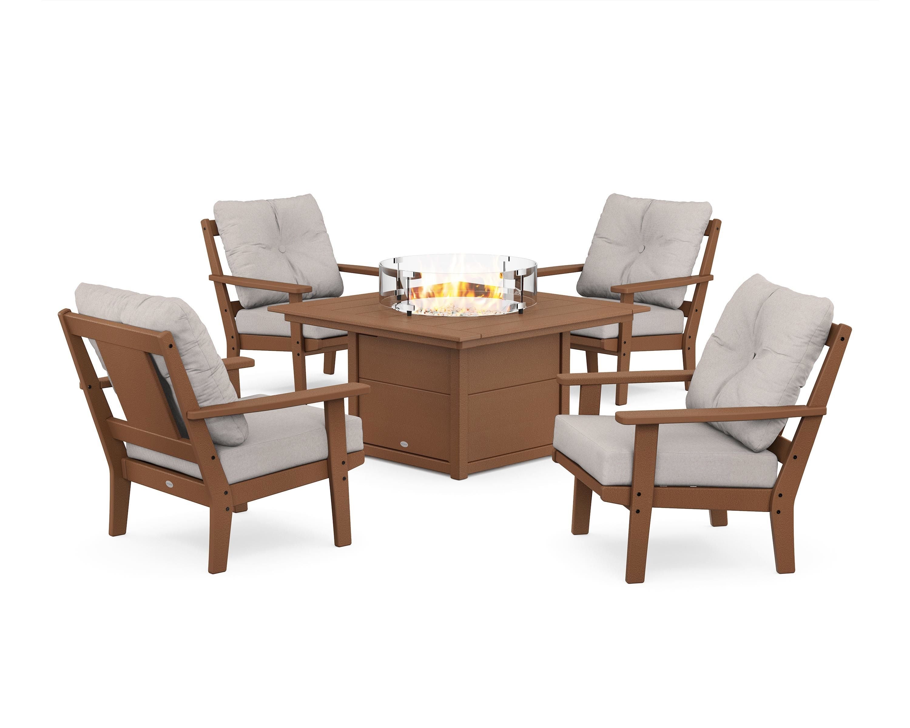 POLYWOOD® Prairie 5-Piece Deep Seating Set with Fire Pit Table in Teak / Dune Burlap