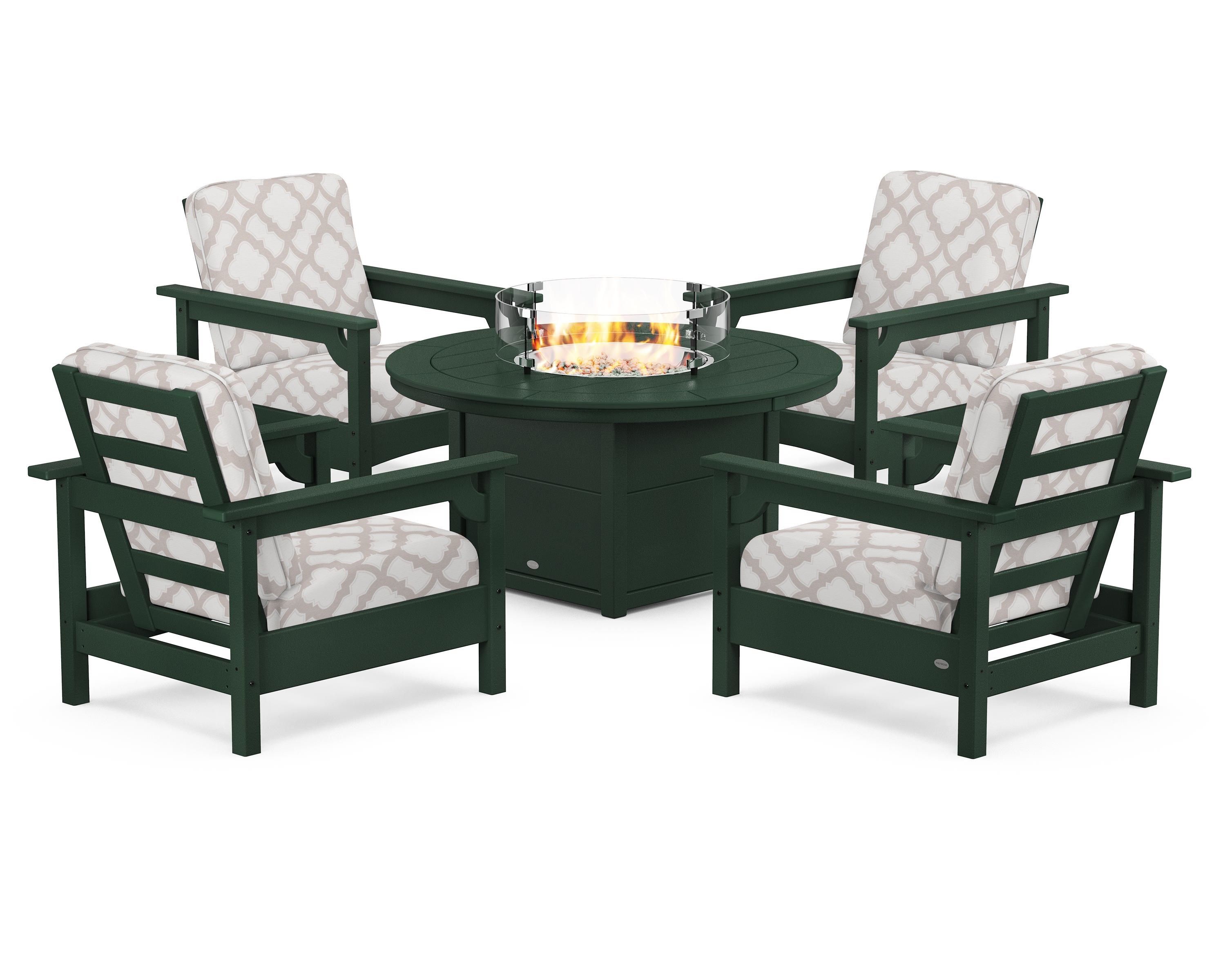 POLYWOOD® Club 5-Piece Conversation Set with Fire Pit Table in Green / Trellis Dune Burlap