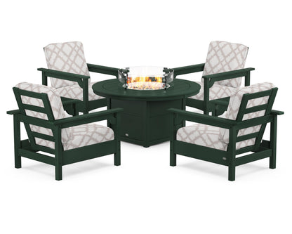 POLYWOOD® Club 5-Piece Conversation Set with Fire Pit Table in Green / Trellis Dune Burlap