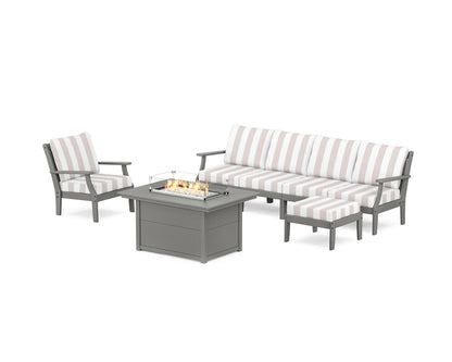 POLYWOOD® Braxton Sectional Lounge and Fire Pit Set in Slate Grey / Cabana Stripe Dune Burlap