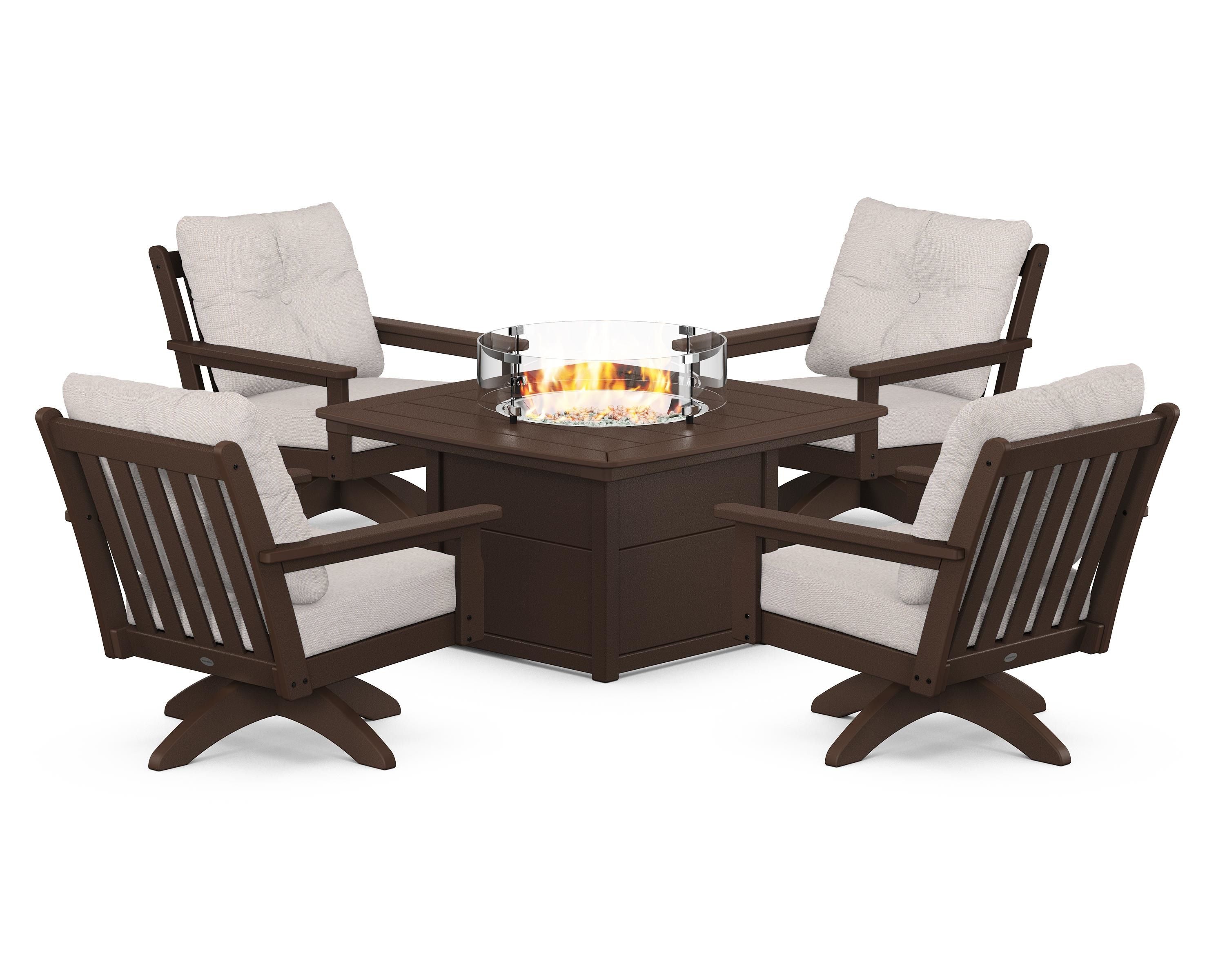 POLYWOOD® Vineyard 5-Piece Deep Seating Swivel Conversation Set with Fire Pit Table in Mahogany / Dune Burlap