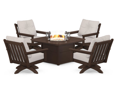 POLYWOOD® Vineyard 5-Piece Deep Seating Swivel Conversation Set with Fire Pit Table in Mahogany / Dune Burlap