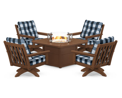POLYWOOD® Vineyard 5-Piece Deep Seating Swivel Conversation Set with Fire Pit Table in Teak / Buffalo Plaid Marine Indigo