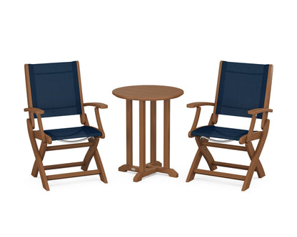POLYWOOD® Coastal Folding 3-Piece Round Bistro Dining Set in Teak / Navy Blue Sling