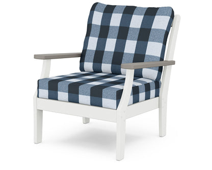 POLYWOOD® Braxton Deep Seating Chair in White / Driftwood / Buffalo Plaid Marine Indigo