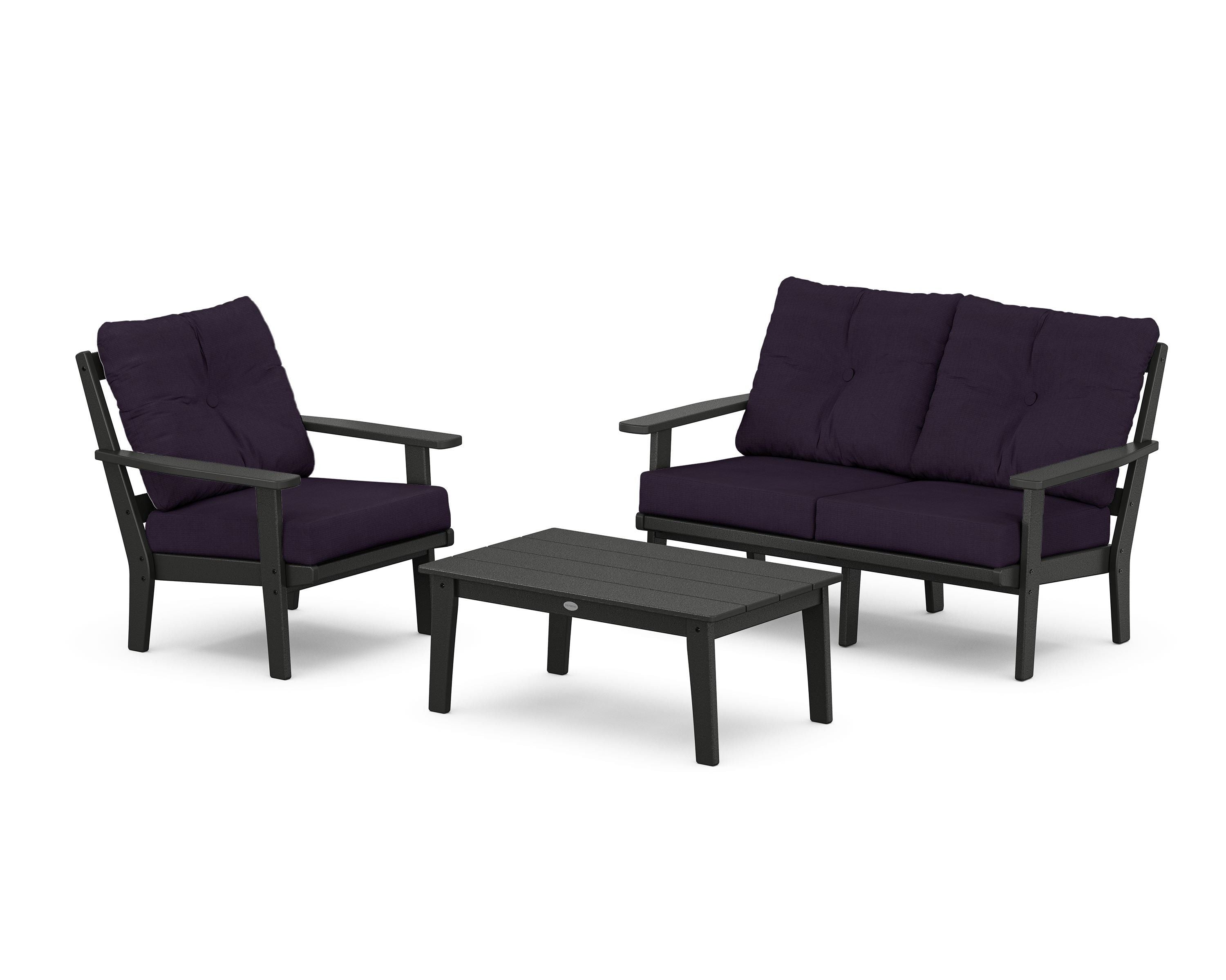 POLYWOOD® Prairie 3-Piece Deep Seating Set with Loveseat in Black / Navy Linen