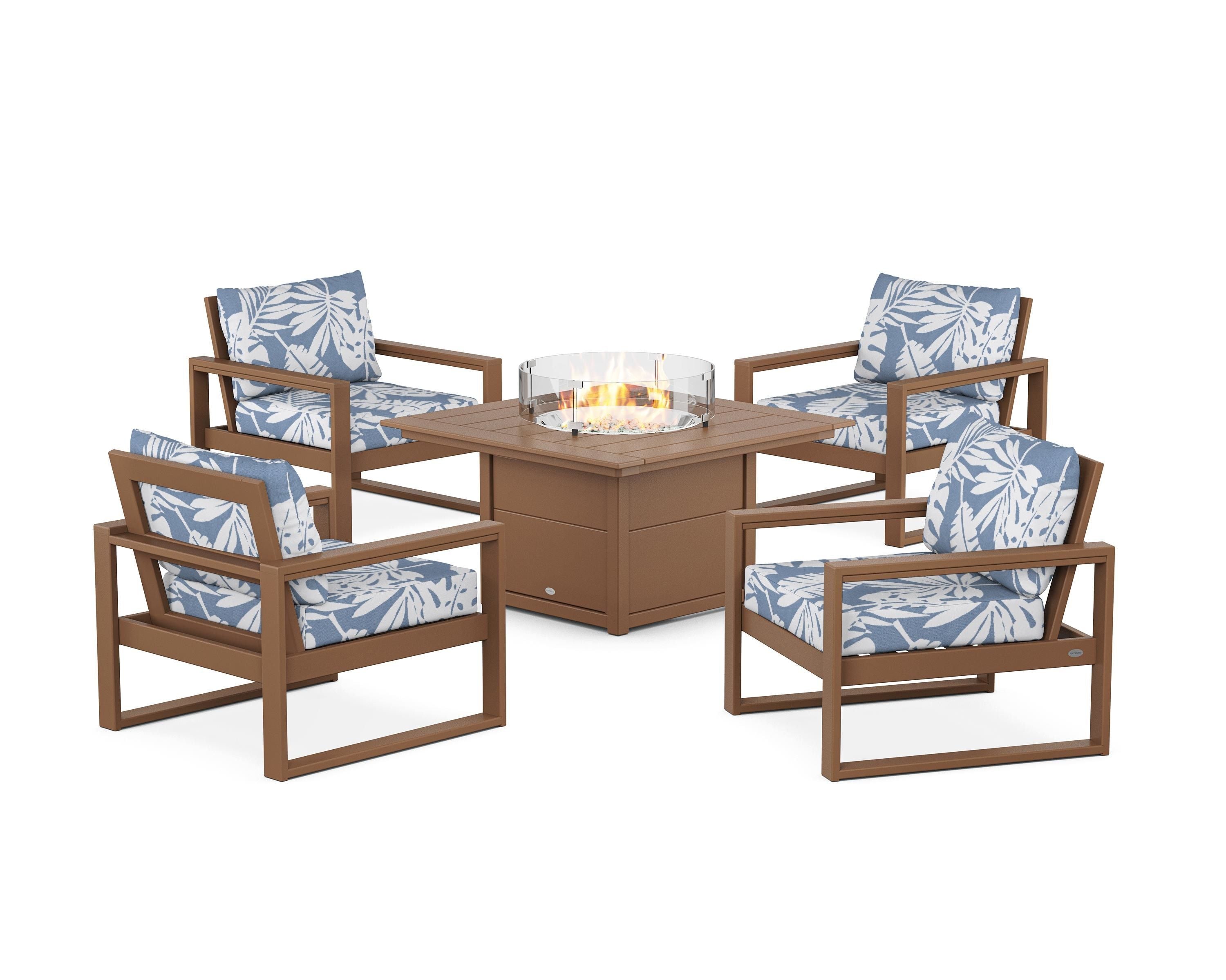 POLYWOOD® EDGE Sectional 5-Piece Deep Seating Set with Fire Pit Table in Teak / Leaf Sky Blue