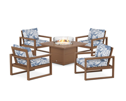 POLYWOOD® EDGE Sectional 5-Piece Deep Seating Set with Fire Pit Table in Teak / Leaf Sky Blue